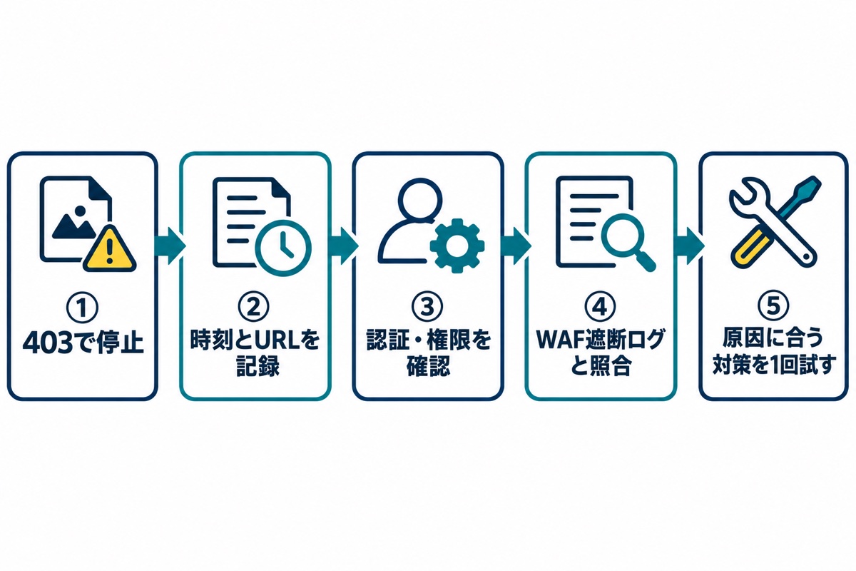 403で停止し時刻とURL・認証・権限・WAF遮断ログを確認する流れ