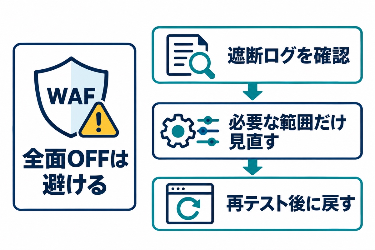 WAF全体を停止せず遮断ログを確認し必要な範囲を見直す流れ