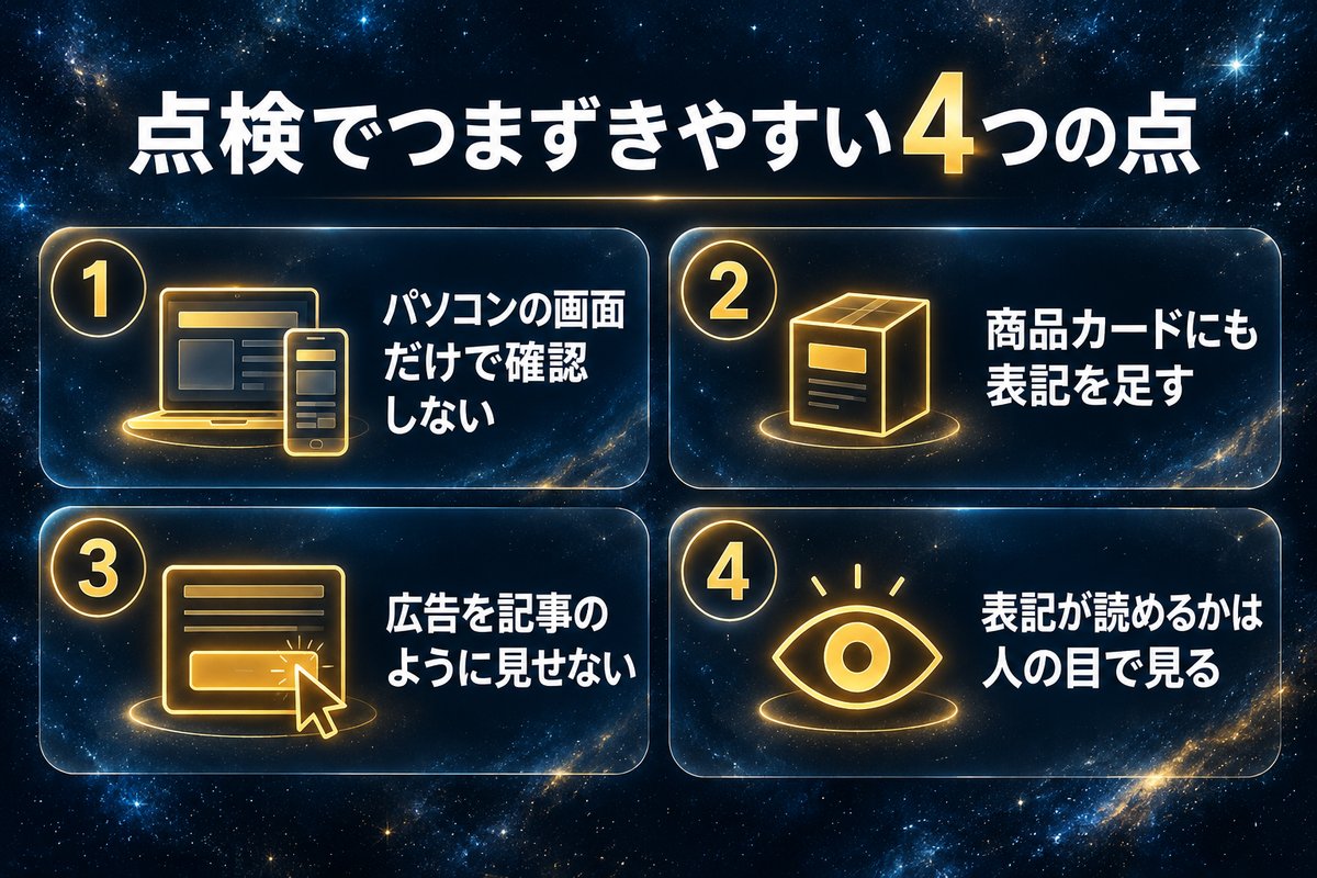 PR表記の点検でつまずきやすい4つの点のチェックリスト図