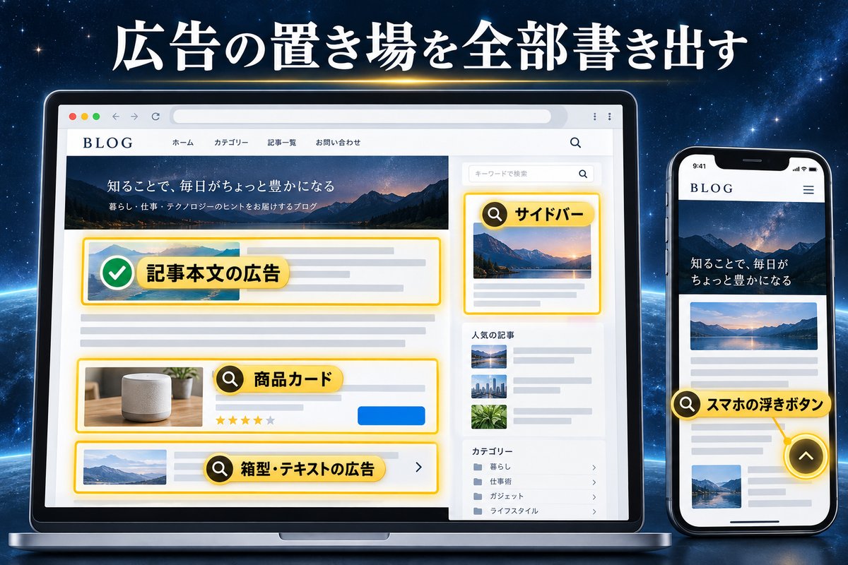 ブログで広告が出る5つの場所(記事本文・サイドバー・スマホの浮きボタン・商品カード・箱型の広告)の図