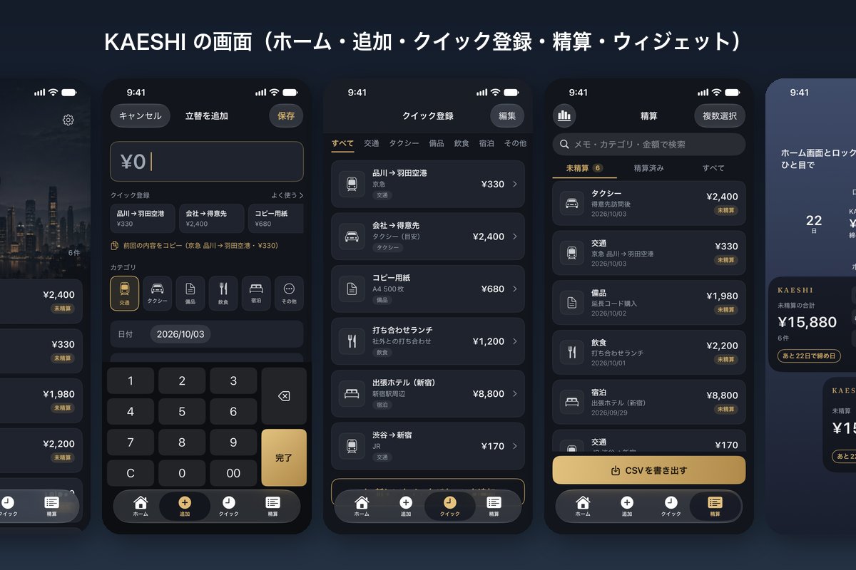 KAESHIの画面5枚（ホーム・立替を追加・クイック登録・精算・ウィジェット）