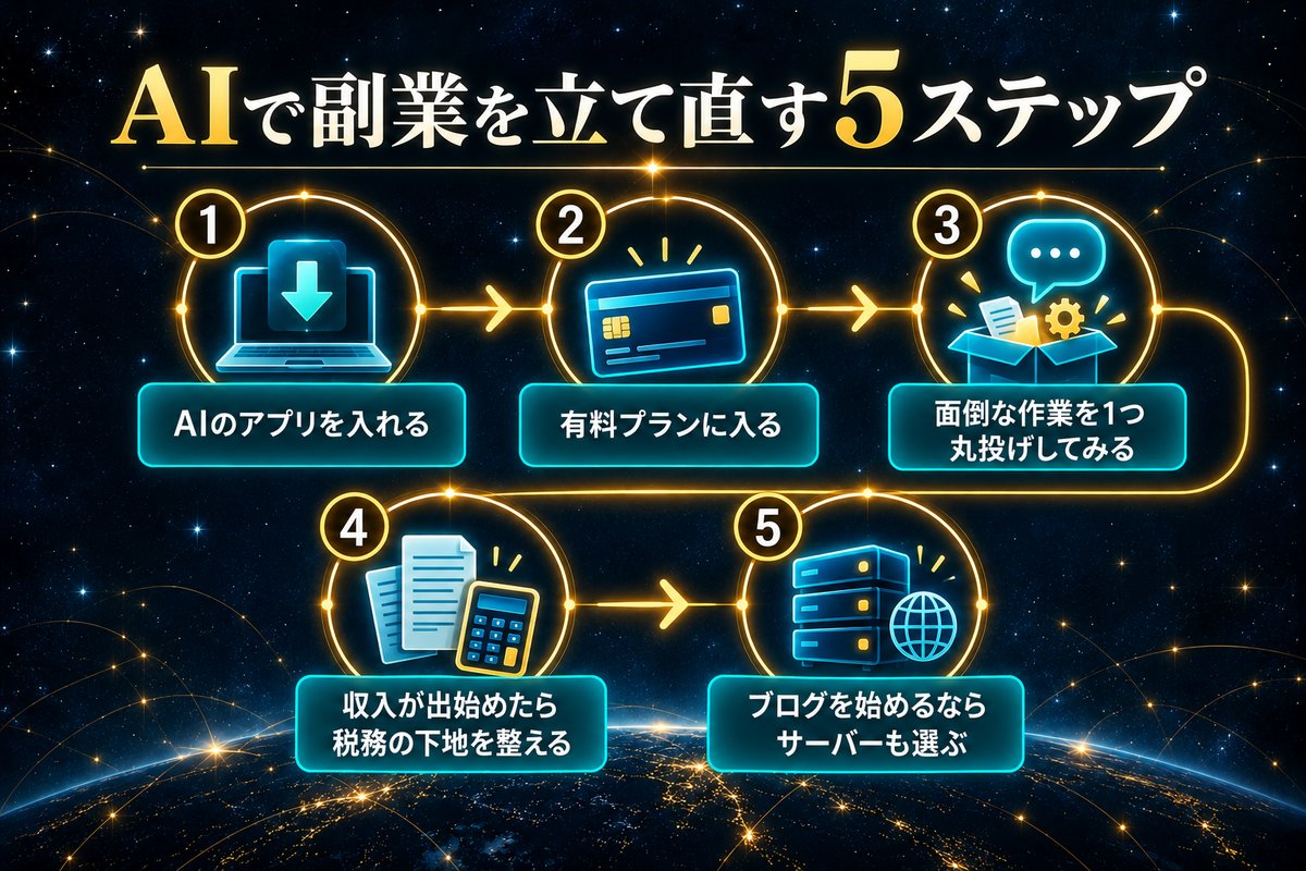 アプリの導入から有料プラン、作業の丸投げ、税務の準備、サーバー選びまで、AIで副業を立て直す5つのステップの図