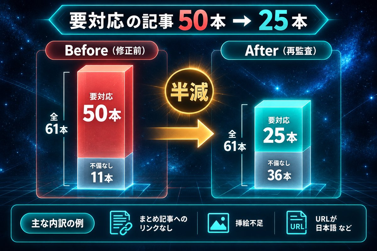 監査と一括修正で要対応の記事が50本から25本に半減した変化のグラフ