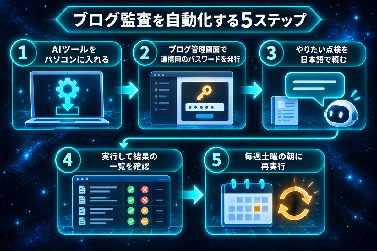 ツール導入から毎週の再実行まで、ブログ監査を自動化する5つの手順の図