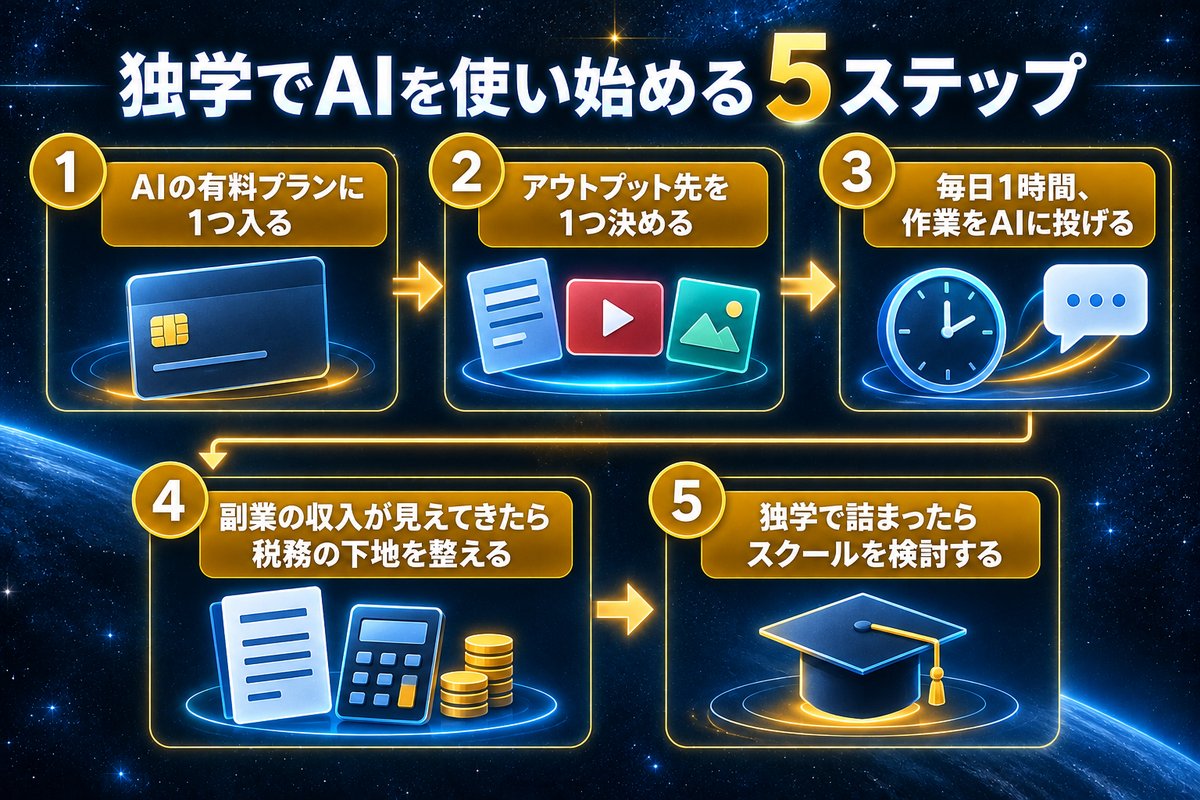 有料プランへの加入からスクールの検討まで、独学でAIを使い始める5つのステップの図