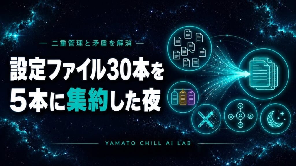 設定ファイル30本を5本に集約した話のアイキャッチ（書類が束ねられる図）