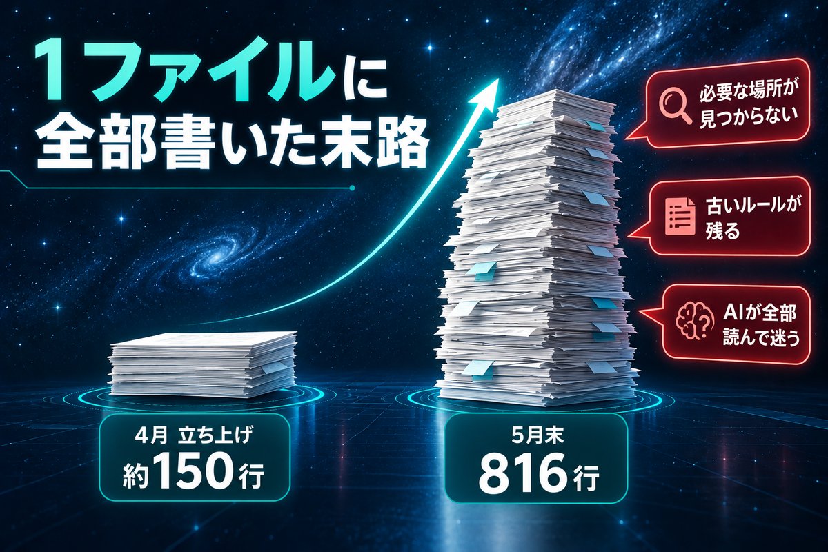 運用手順書が約150行から816行に膨らみ、必要な場所が見つからなくなる様子の図