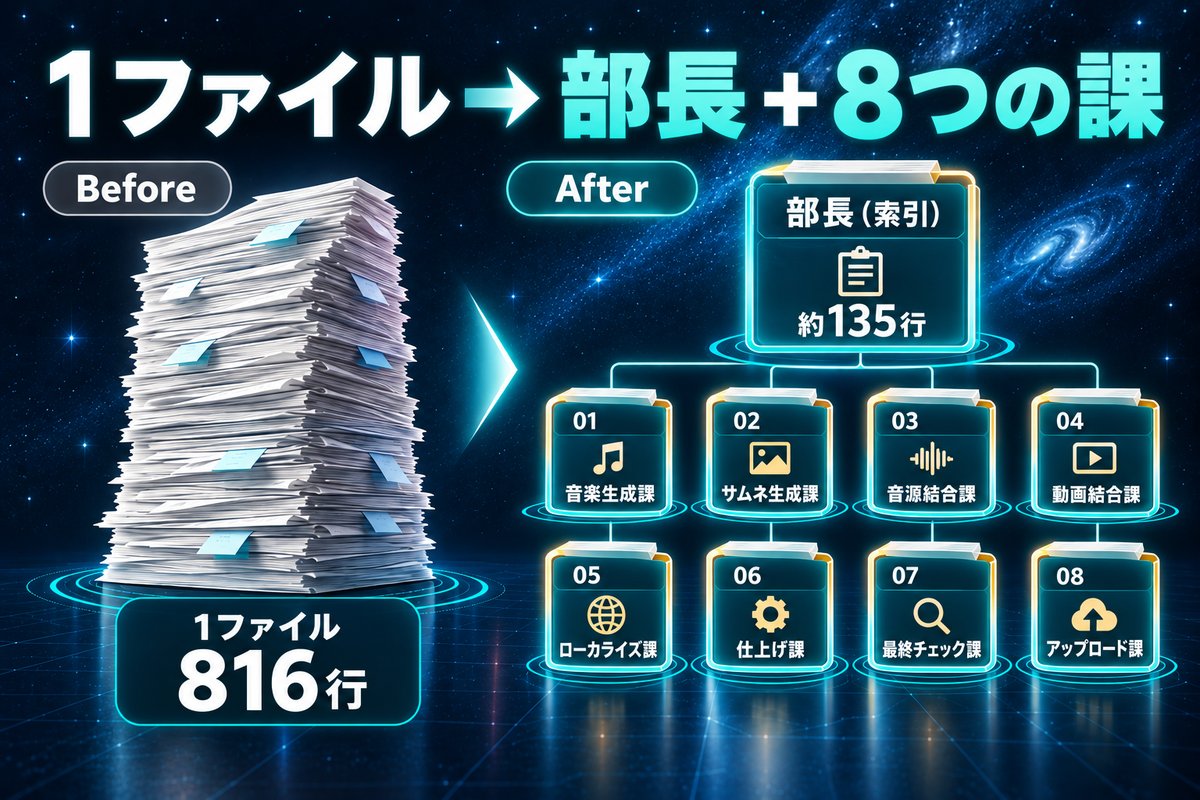 816行の1ファイルを、索引の部長と工程ごとの8つの課に分けた構造の比較図