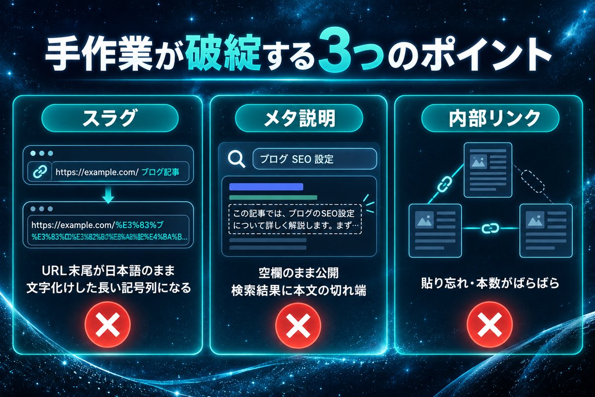 スラグ・メタ説明・内部リンクの3つが手作業だと破綻するポイントをまとめた図