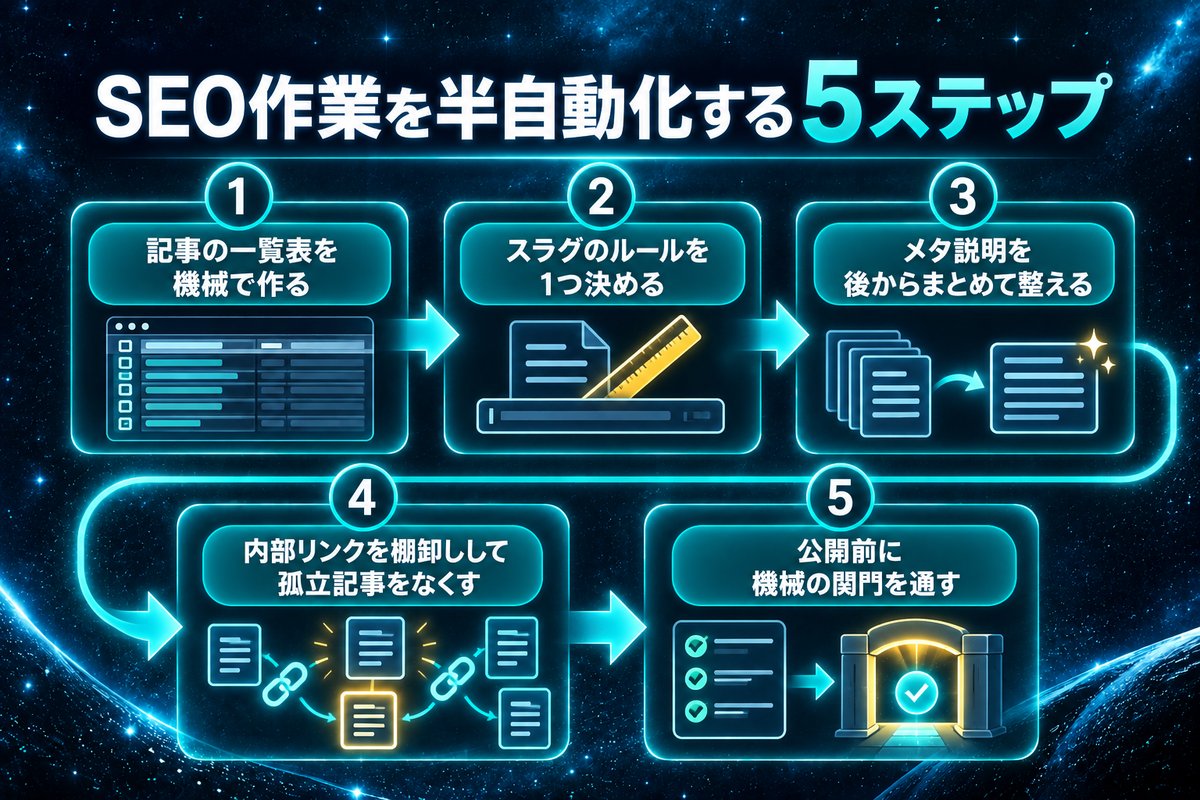 記事一覧表づくりから公開前の機械チェックまで、SEO作業を半自動化する5つの手順の図