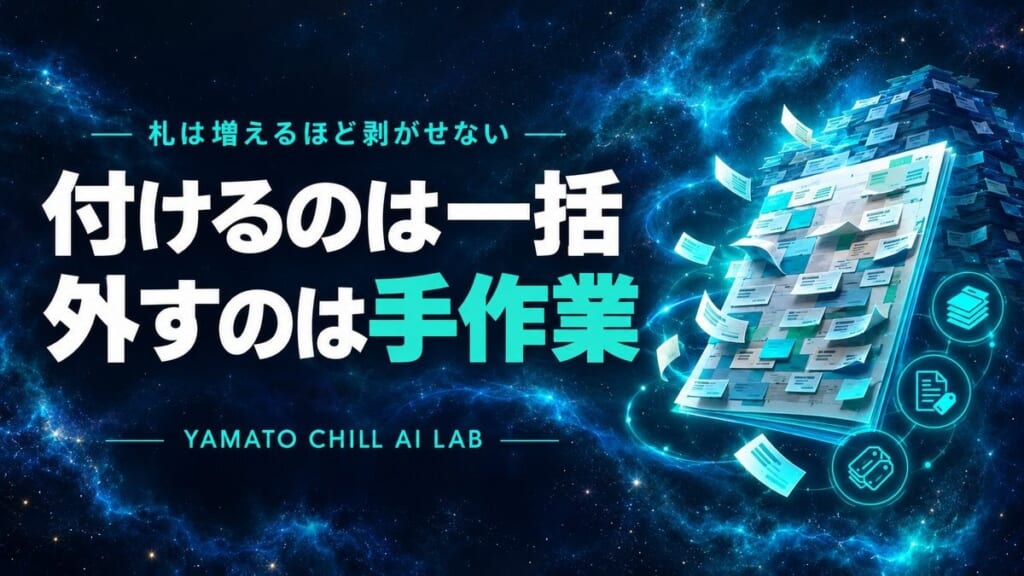 札をまとめて付けられるのに外すのは一枚ずつになることを示すイメージ
