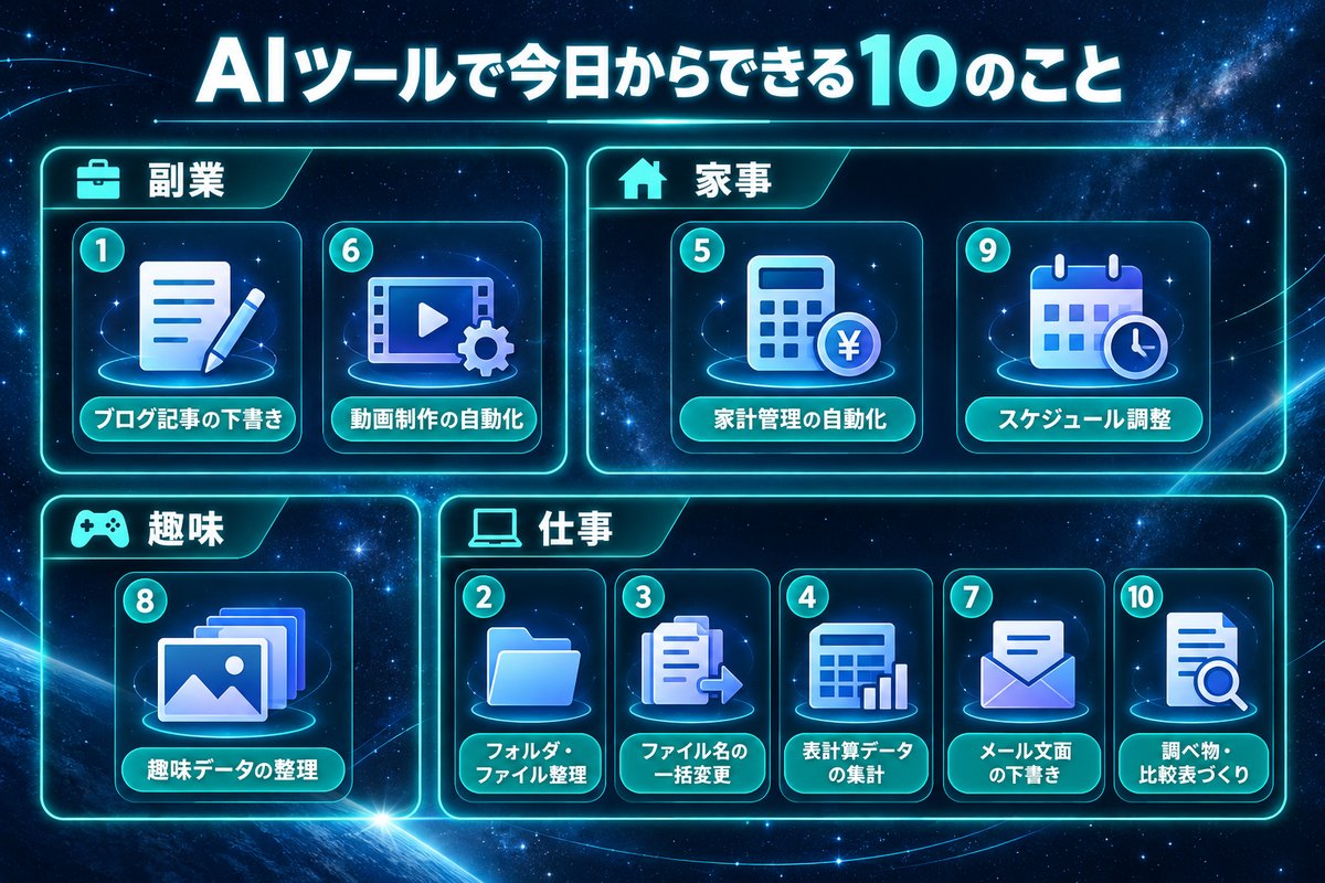 AIツールで今日からできる10の活用法を副業・家事・趣味・仕事の4分野に分けた一覧図