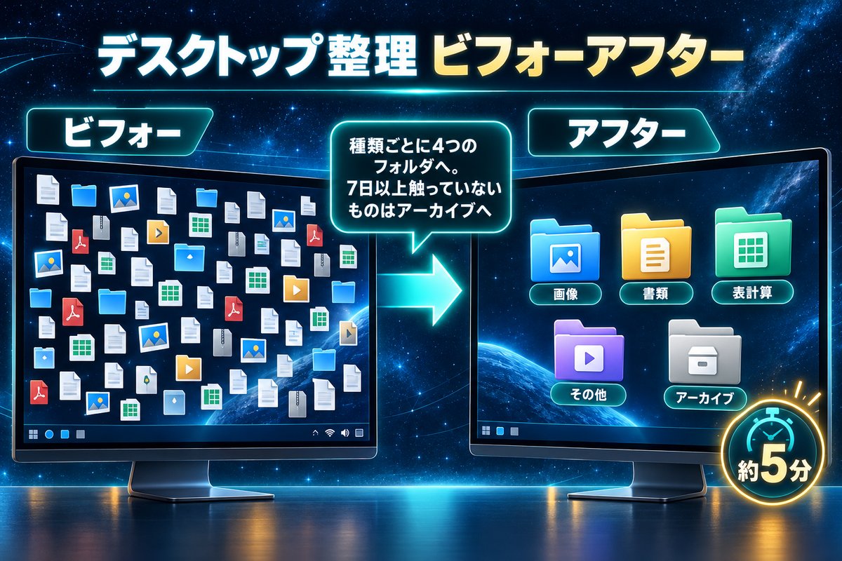 散らかったデスクトップを種類別の4フォルダとアーカイブに片付けた前後の比較図
