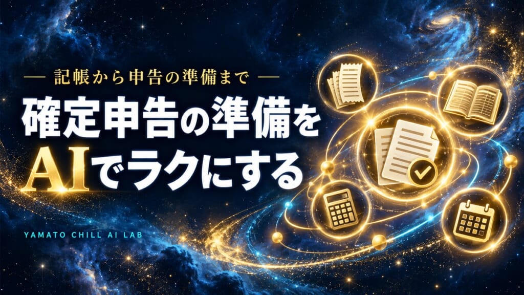 確定申告の準備をAIでラクにする方法のアイキャッチ（レシート・帳簿・電卓・書類のアイコン）