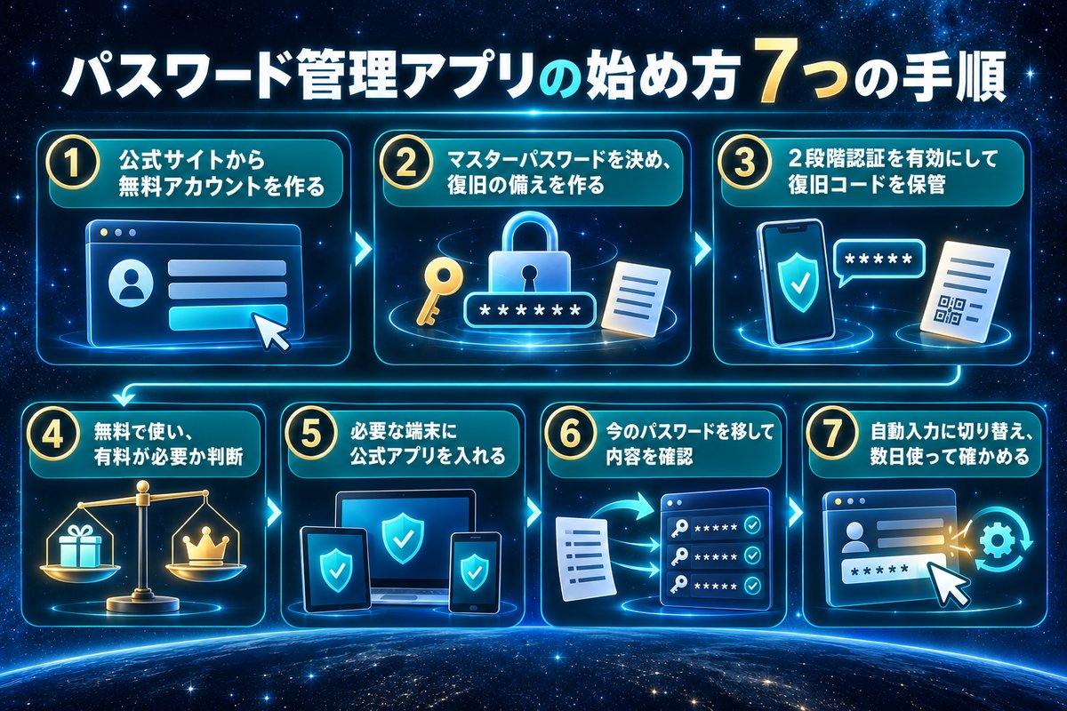 無料アカウント作成から自動入力の切り替えまで、パスワード管理アプリを始める7つの手順の図