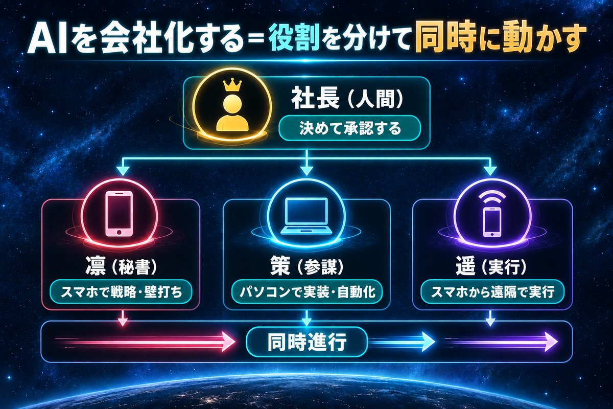 人間が決めて承認し、役割の違う3つのAIが同時に作業を進める会社化の組織図