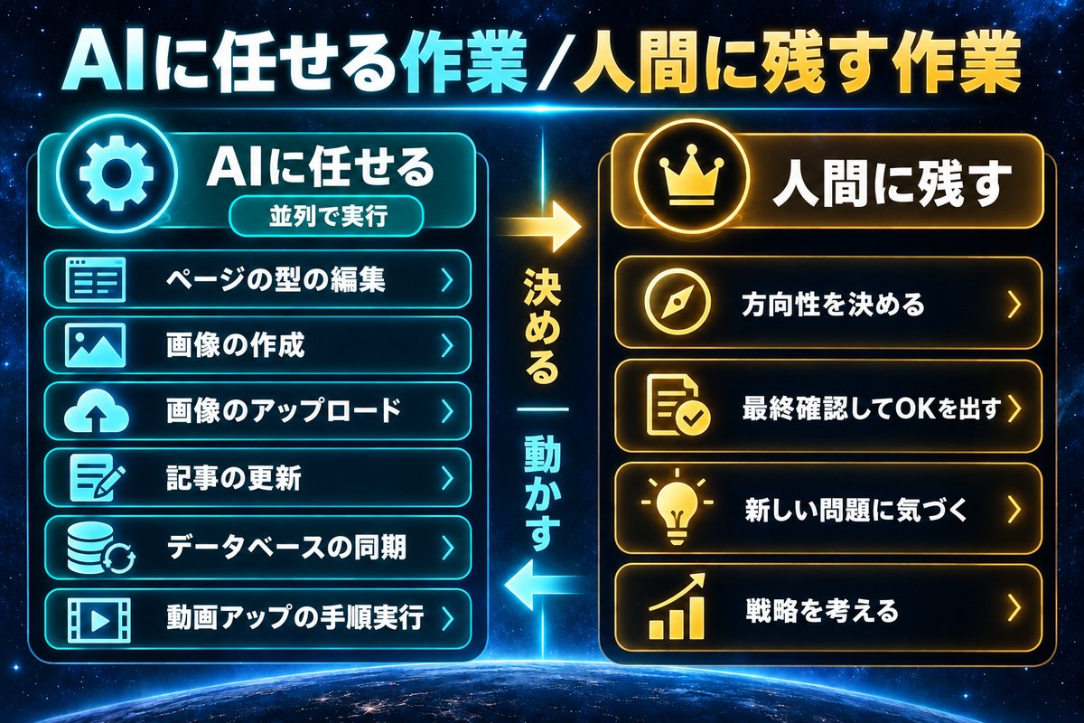 AIに任せる作業と人間に残す作業を左右に分けて比べた図