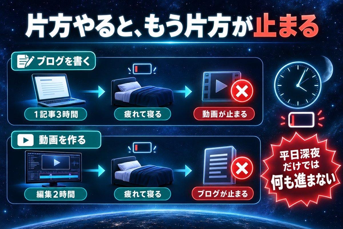 ブログと動画を1人でやると片方を進めるともう片方が止まる状態を示す図