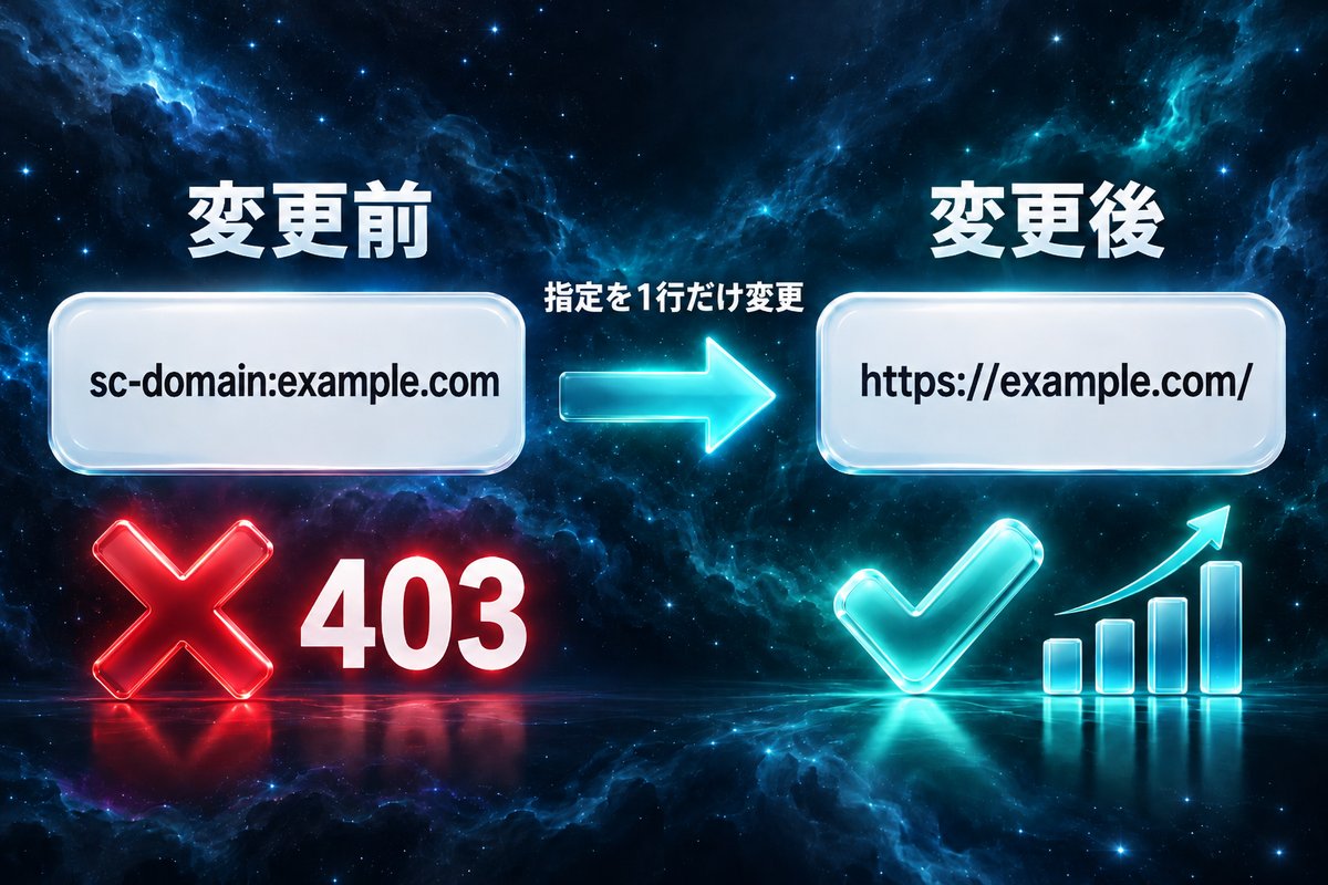 siteUrlをsc-domainからURLプレフィックスに変えて403が解消した変更前と変更後の比較図