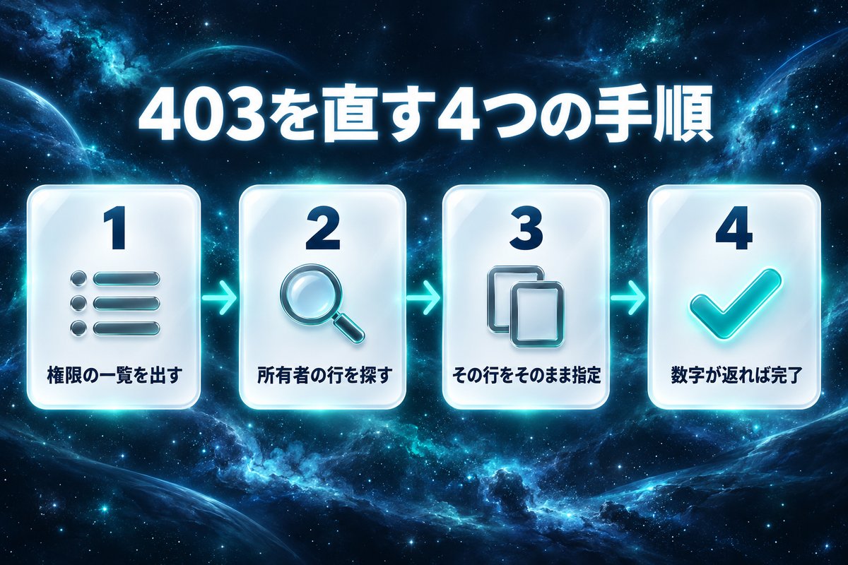 Search Console APIの403を直す4つの手順のフロー図